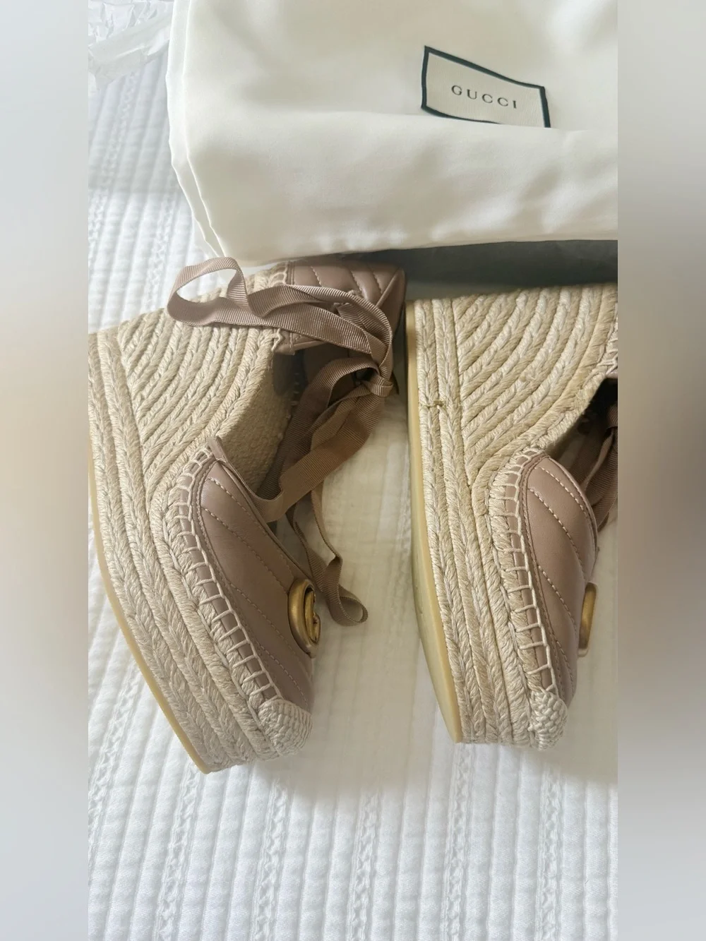 Gucci GG Marmont Espadrille Wedge Sandals 38 Pink Leather. AUTHENTIC!